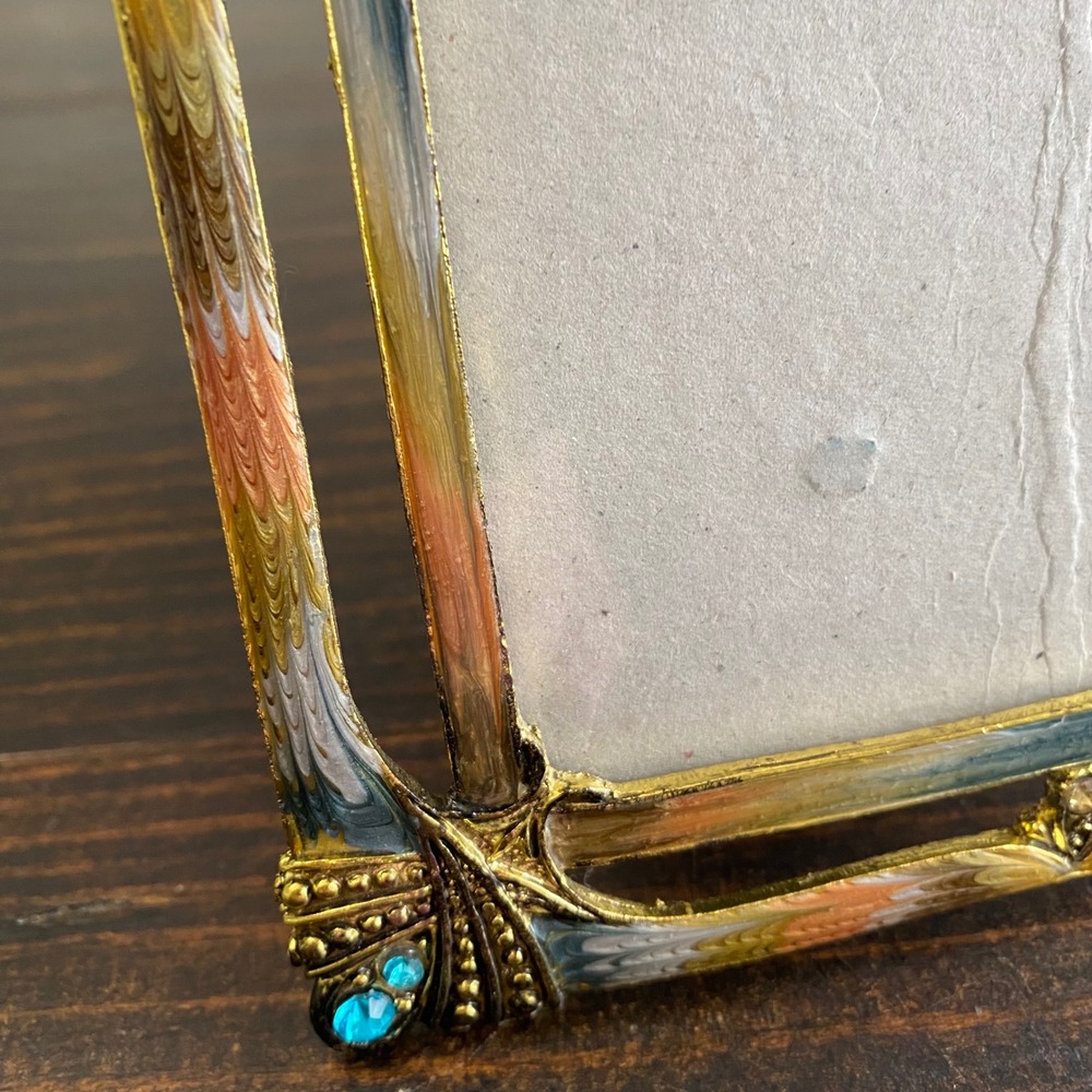 Vintage Art Nouveau Style Enameled Metal Photo Frame Gold Blue Rhinestone 5x7 - Picture 3 of 8